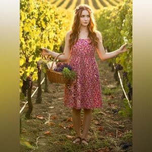 Vintage Tickets Pink Purple Ditzy Floral Dress Adjustable Waist Sundress